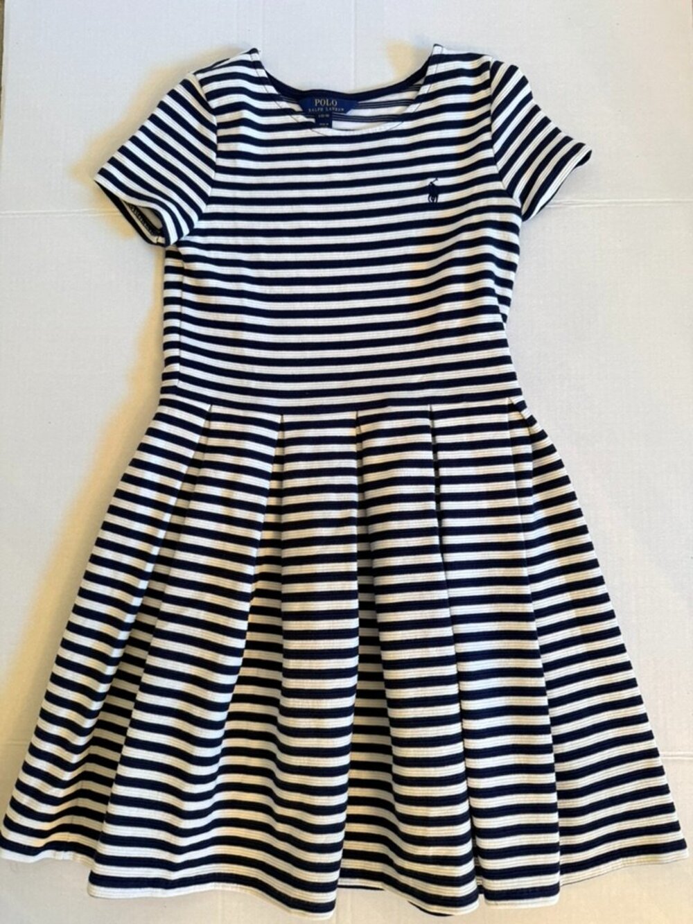 Polo Ralph Lauren Girls L 12-14 Navy Stripe Pleated Dress
